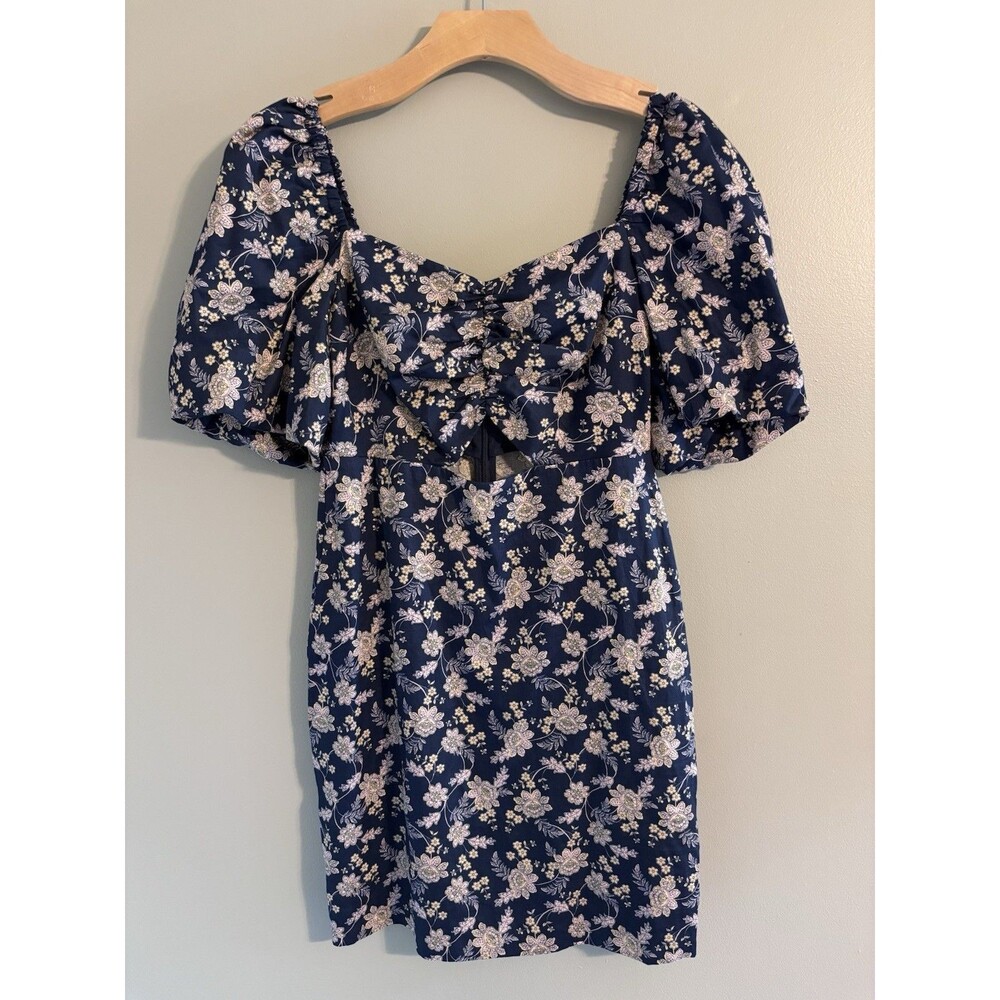 New Boden Cut Out Mini Dress Navy Floral Sz 4R Puff Sleeve Cottagecore Romantic